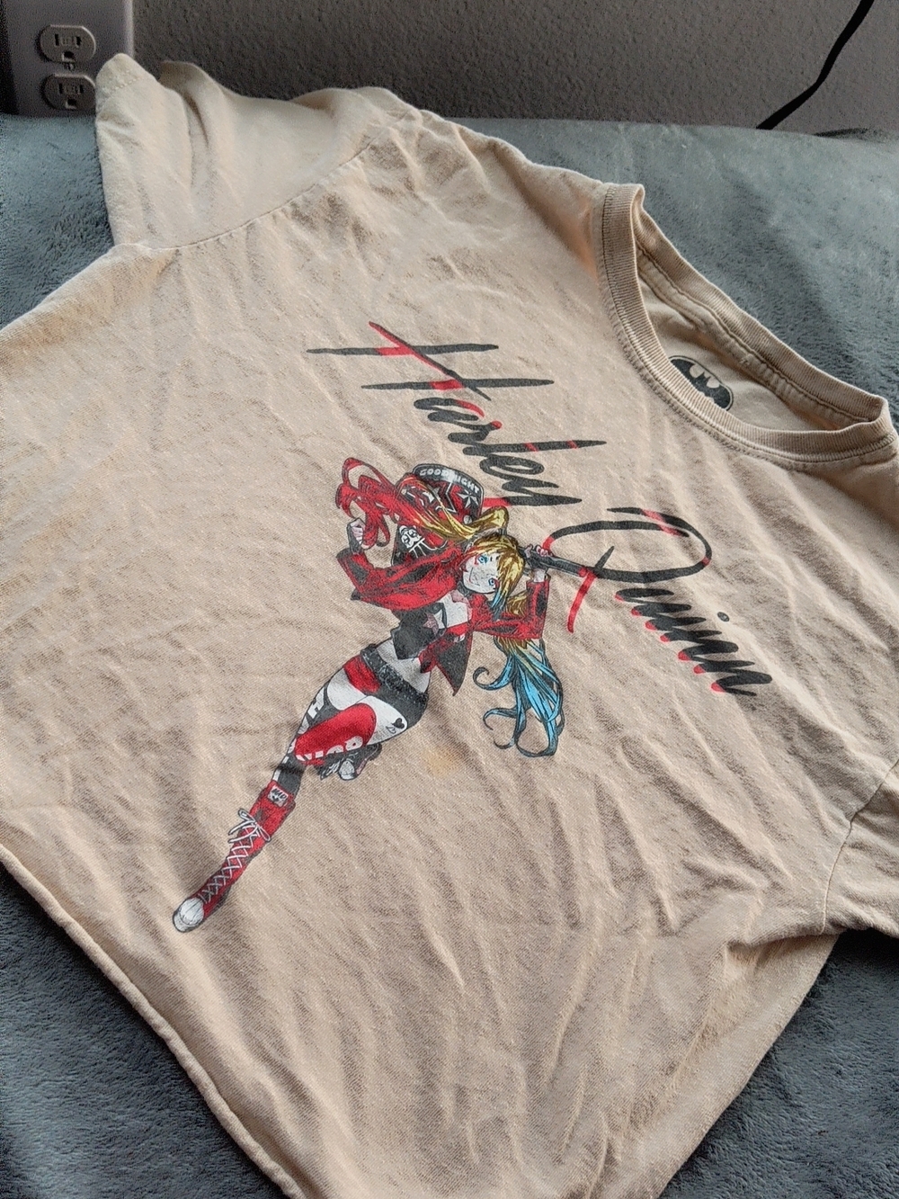 Batman Beige Crop Top with Harley Quinn Red & Blue Graphic